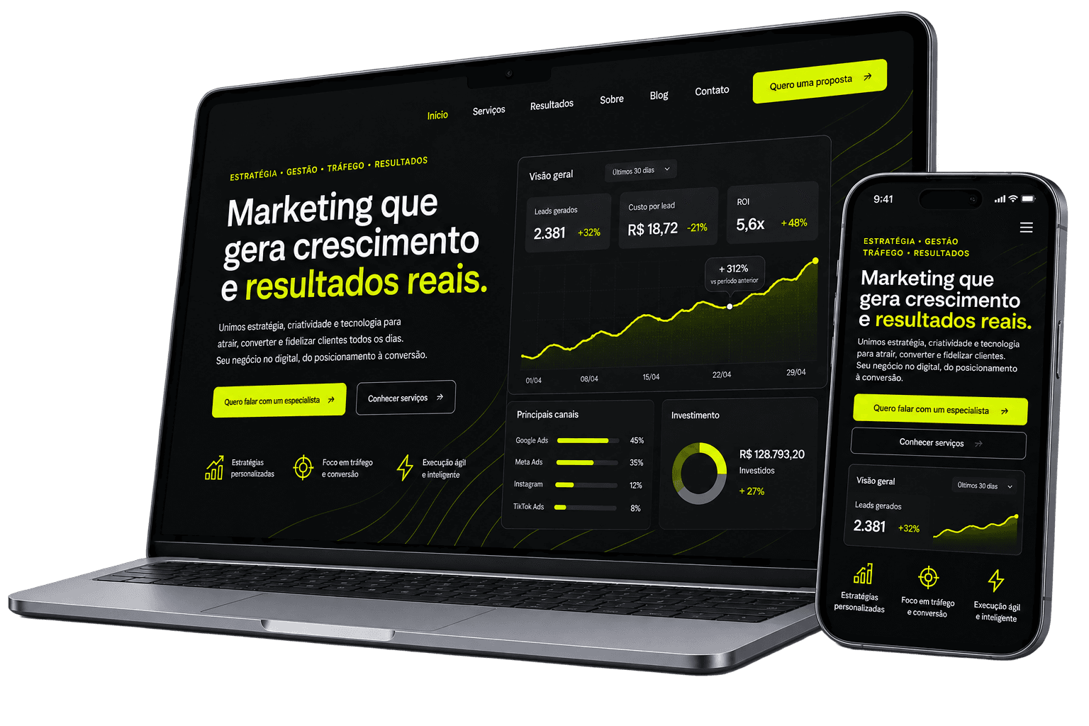 Notebook e celular mostrando presença digital para negócios